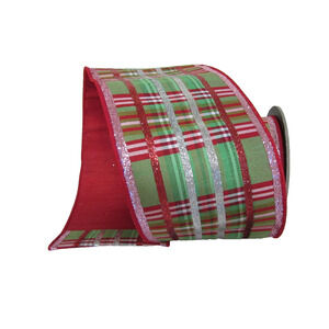 Christmas Stripe Dupion Green/Red/Silver d stevens Wire Edge Ribbon 4" x 5 yds